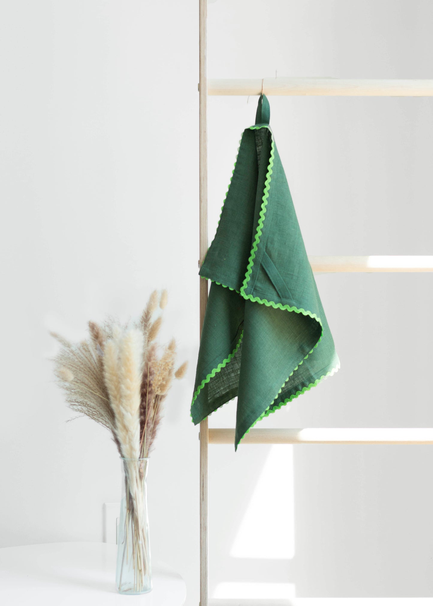 Emerald Green Linen Kitchen Towel With Green Ric Rac Trim