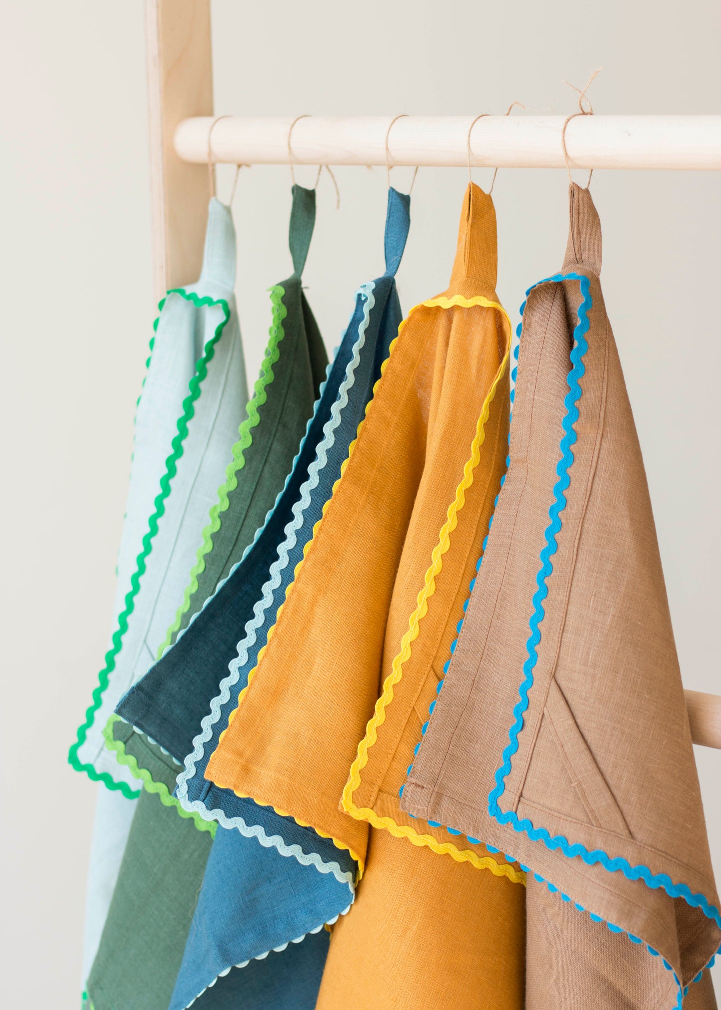 Caramel Brown Linen Kitchen Towel With Blue Ric Rac Trim