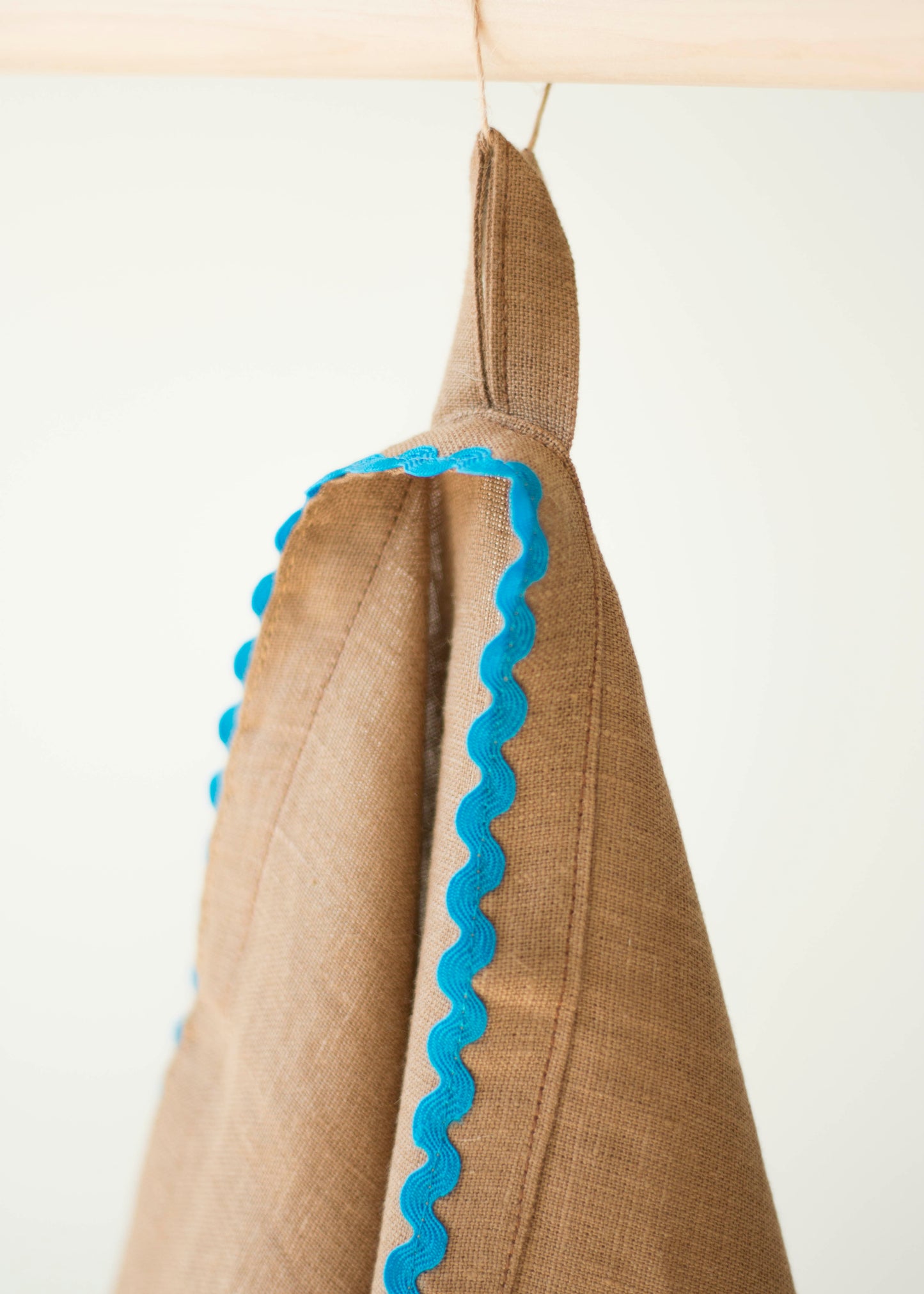 Caramel Brown Linen Kitchen Towel With Blue Ric Rac Trim