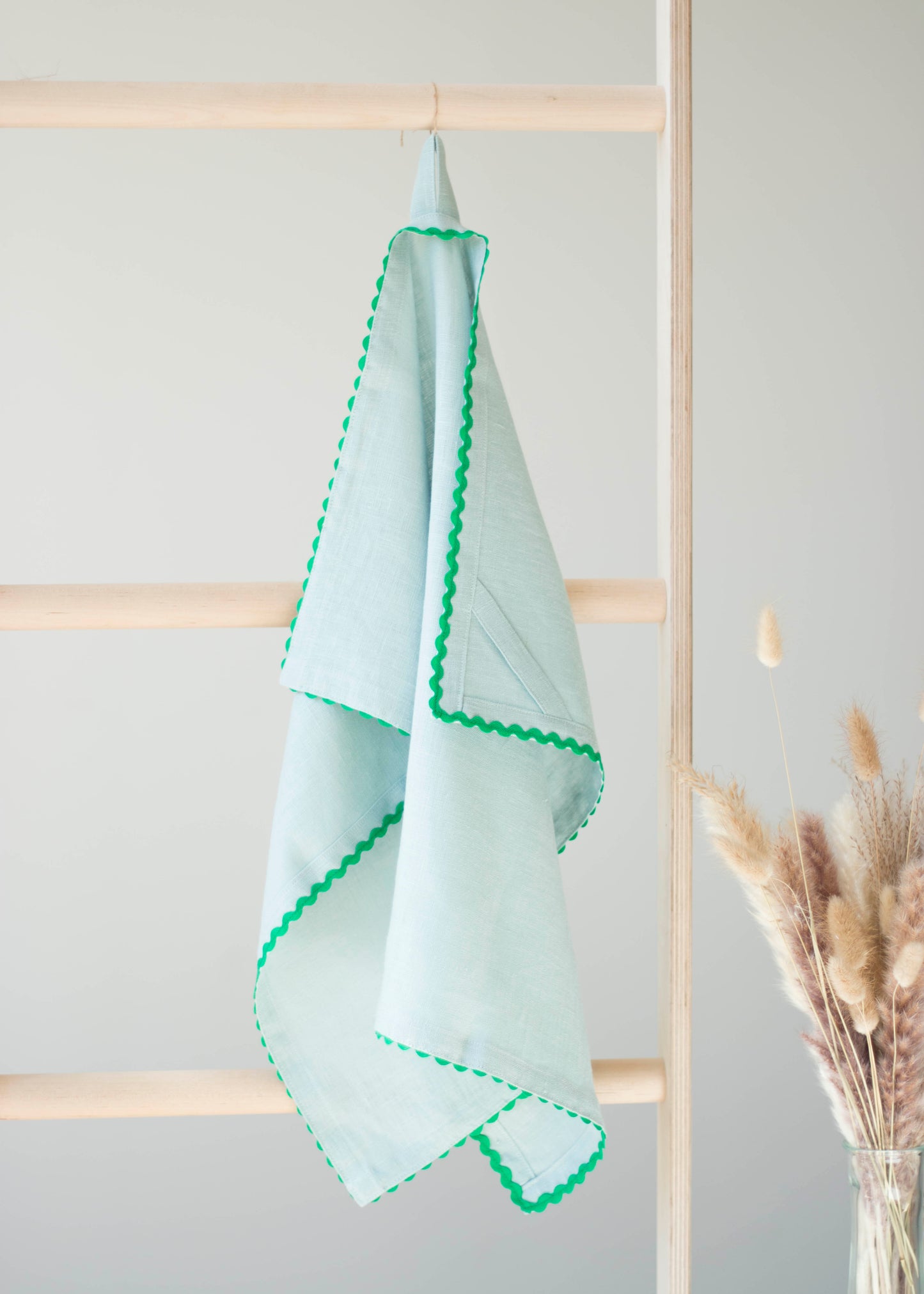 Dusty Blue Linen Kitchen Towel With Green Ric Rac Trim