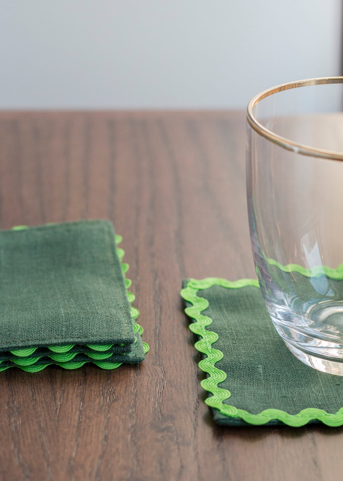 Emerald Green Linen Coasters with Green Ric Rac Trim