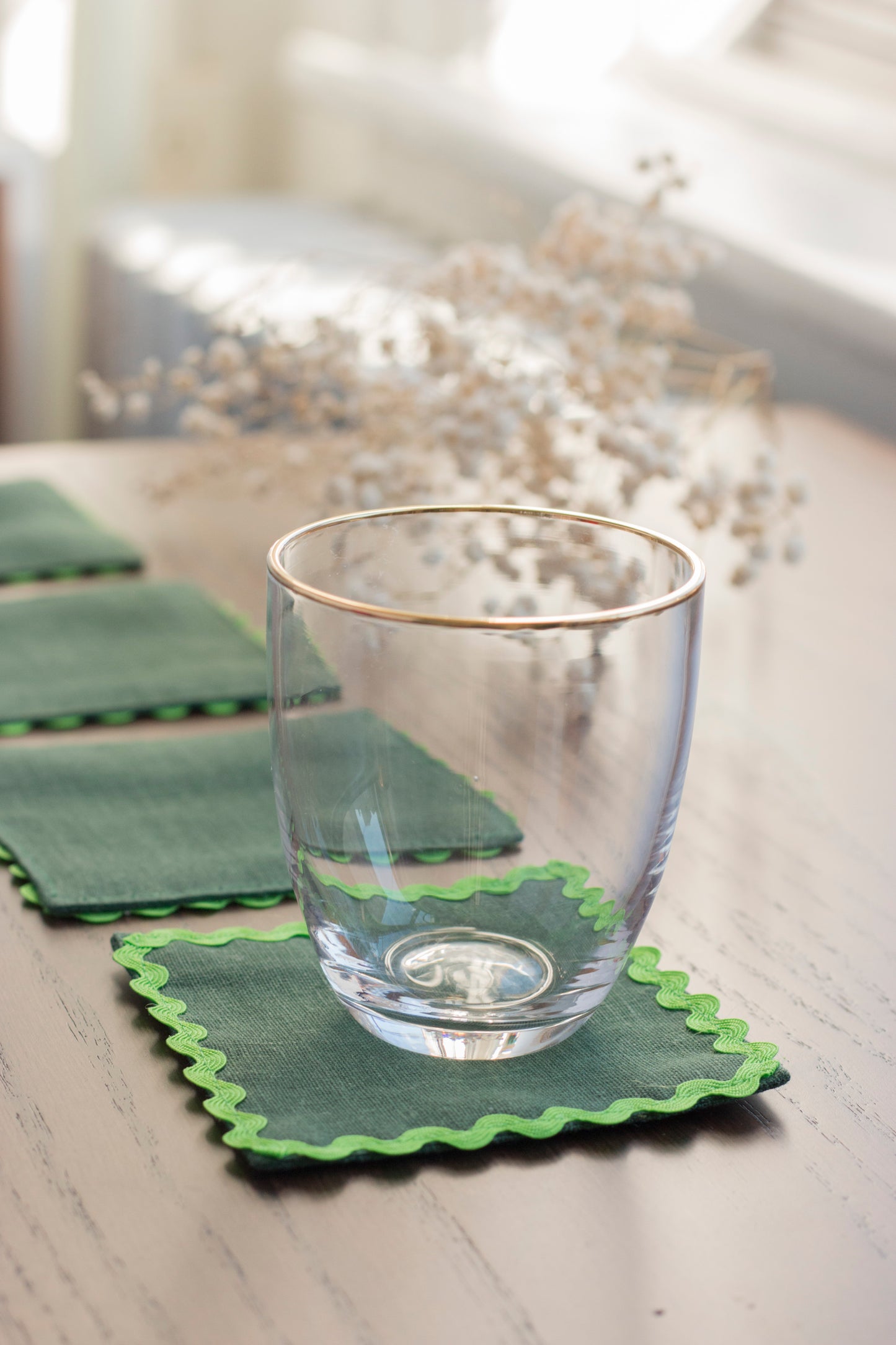 Emerald Green Linen Coasters with Green Ric Rac Trim