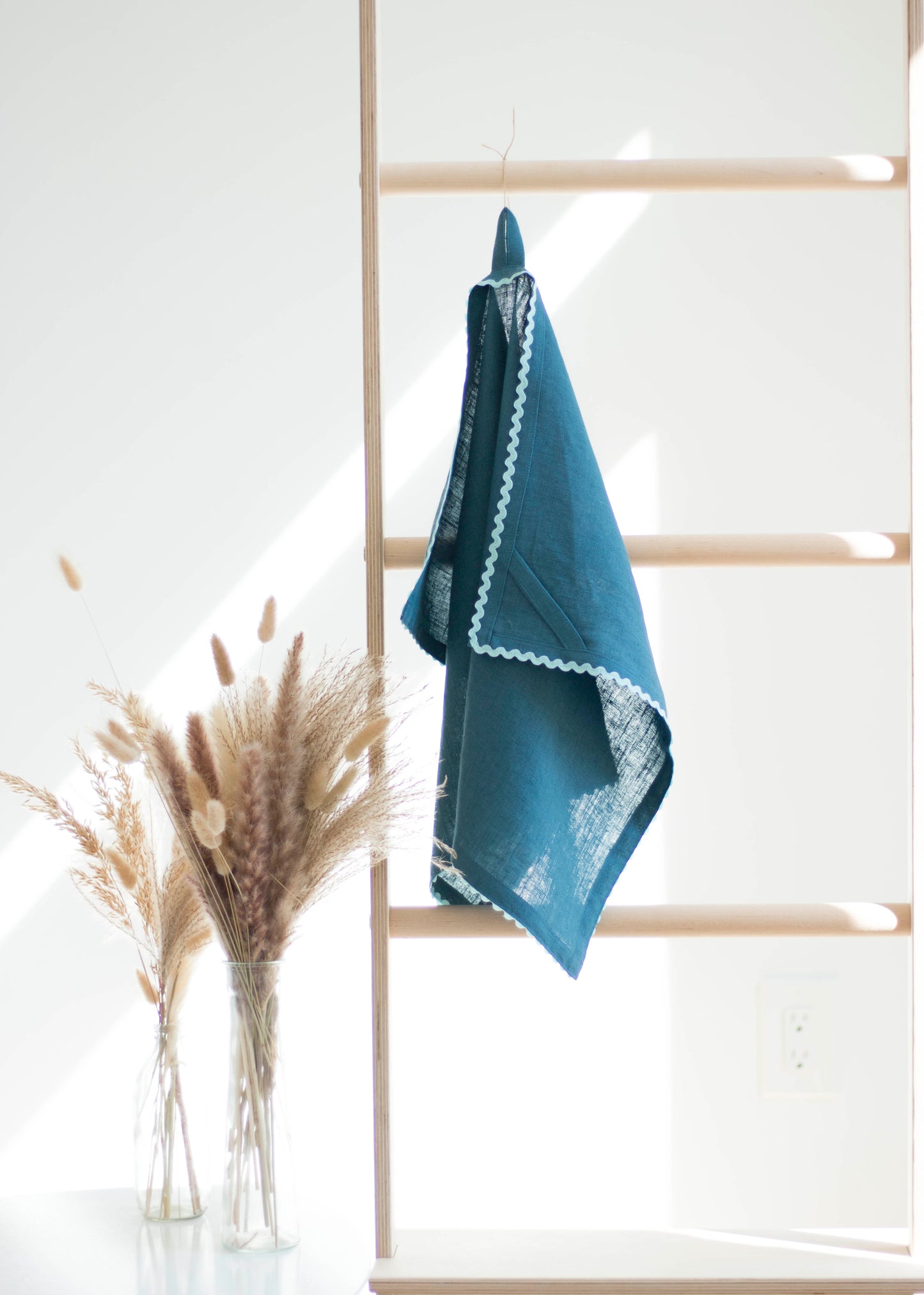 Deep Ocean Linen Kitchen Towel With Blue Ric Rac Trim