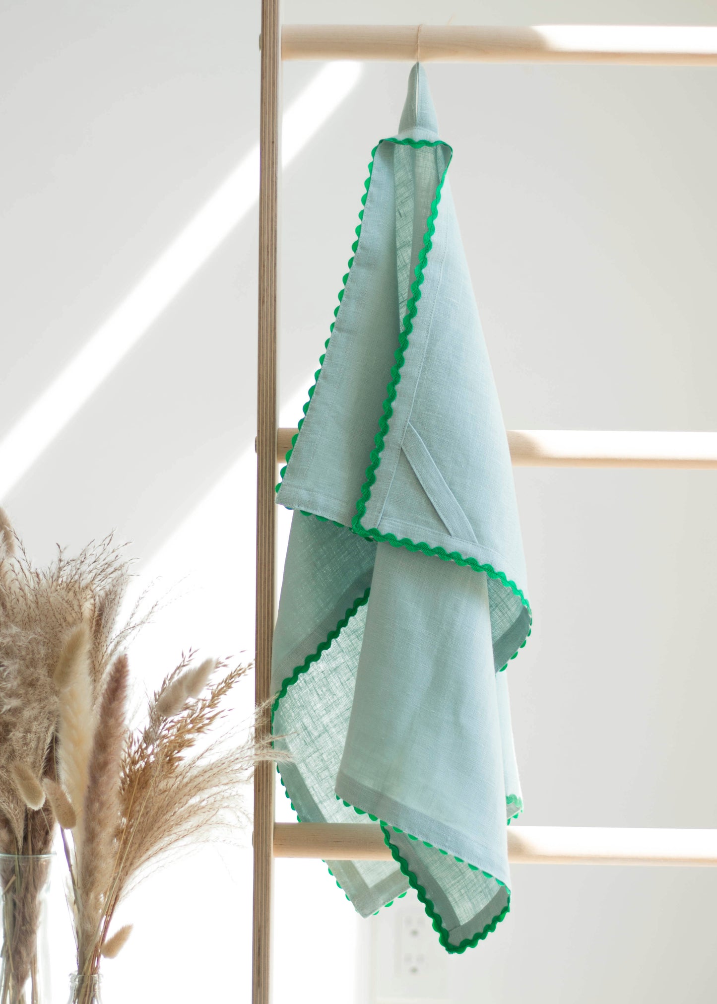 Dusty Blue Linen Kitchen Towel With Green Ric Rac Trim