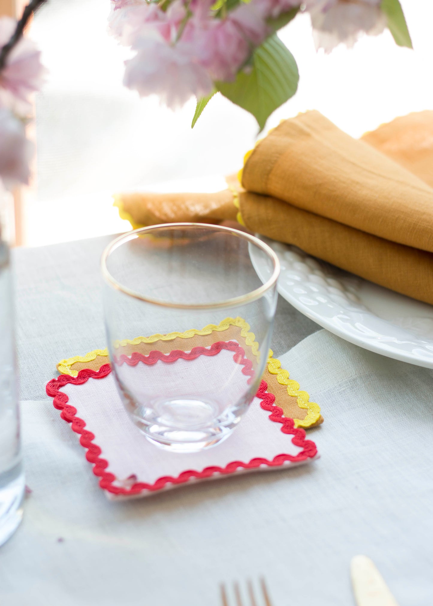 Set of 2 Yellow Ochre Linen Napkins With Yellow Ric Rac Trim
