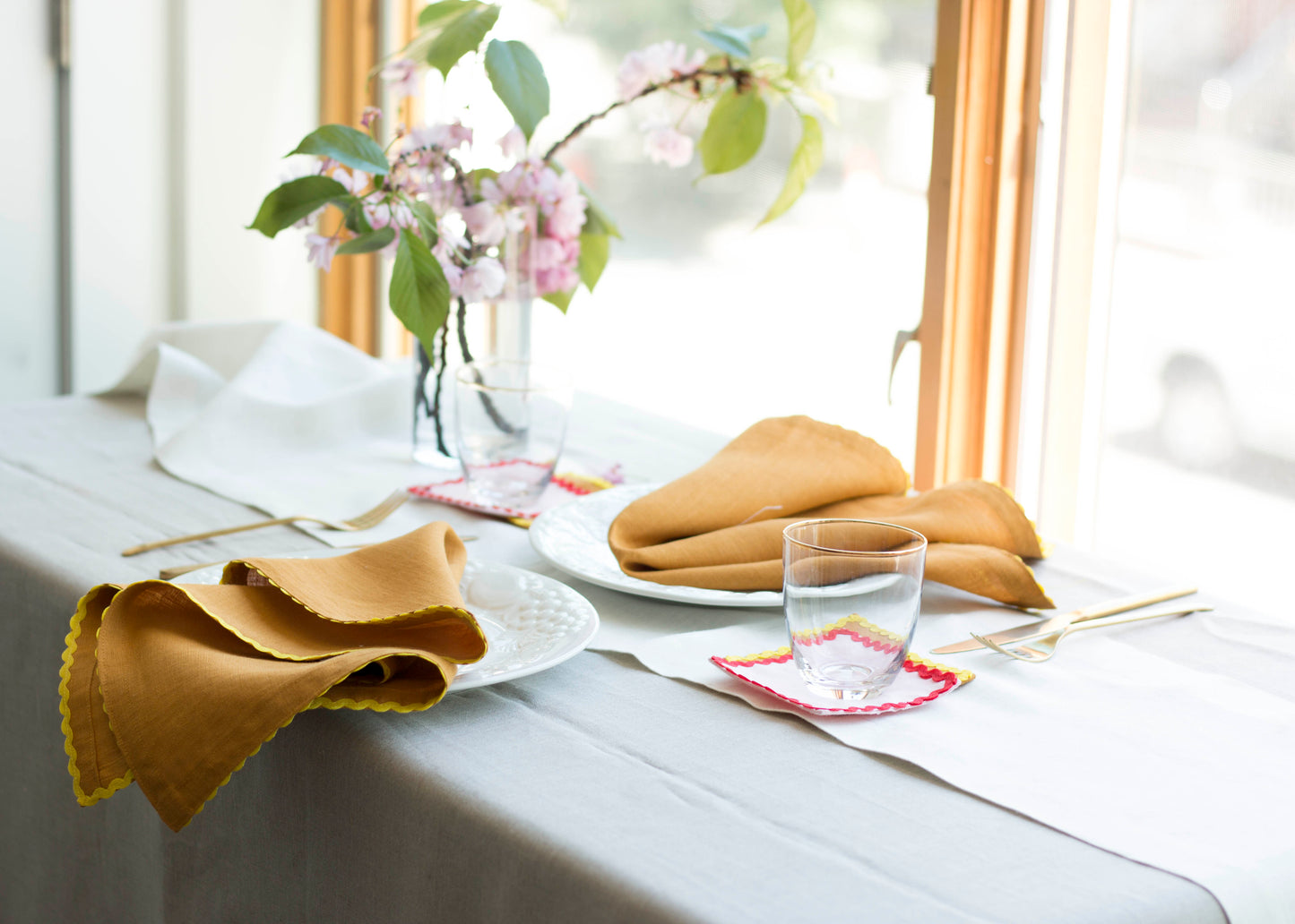 Set of 2 Yellow Ochre Linen Napkins With Yellow Ric Rac Trim
