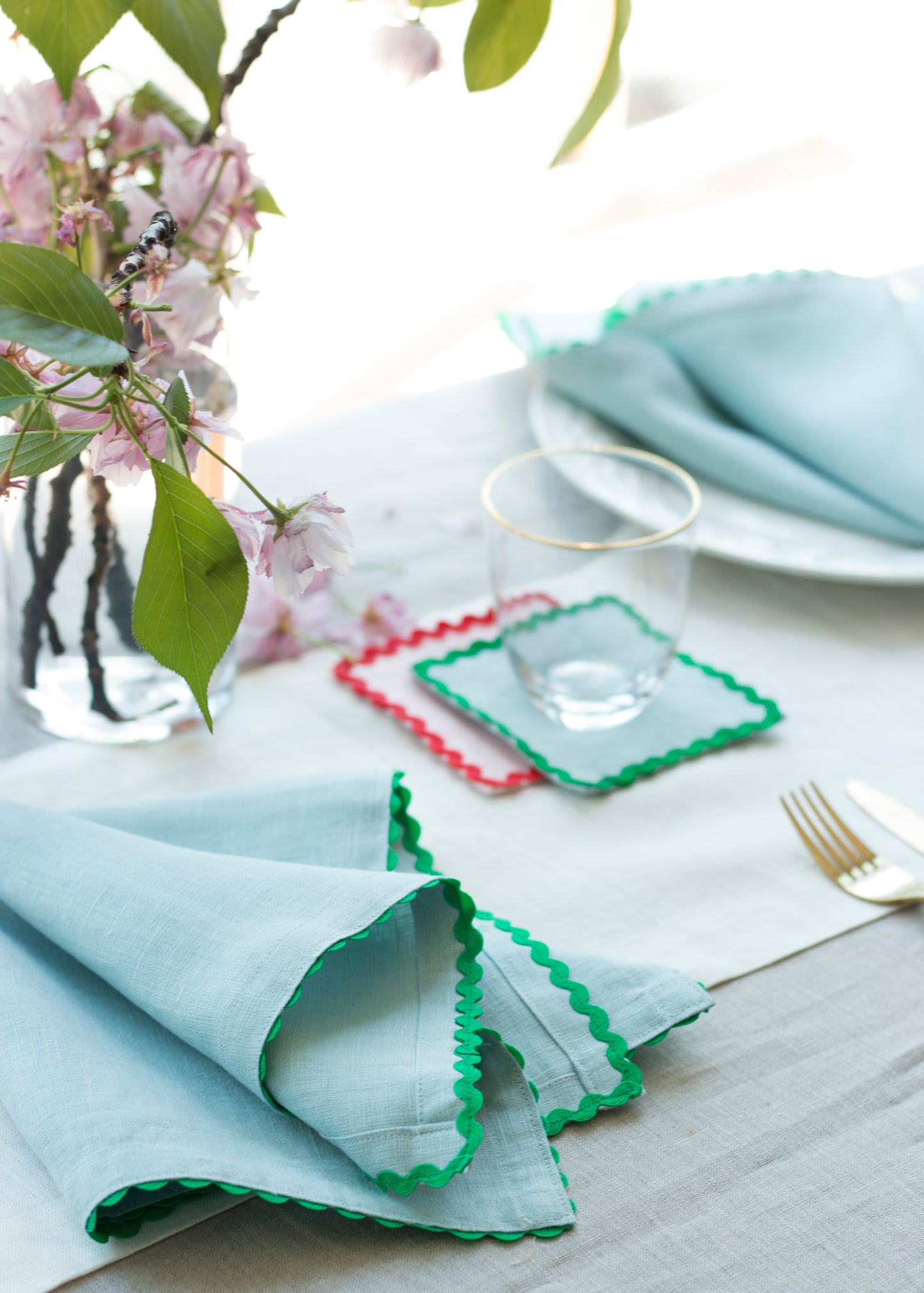 Set of 2 Dusty Blue Linen Napkins With Green Ric Rac Trim