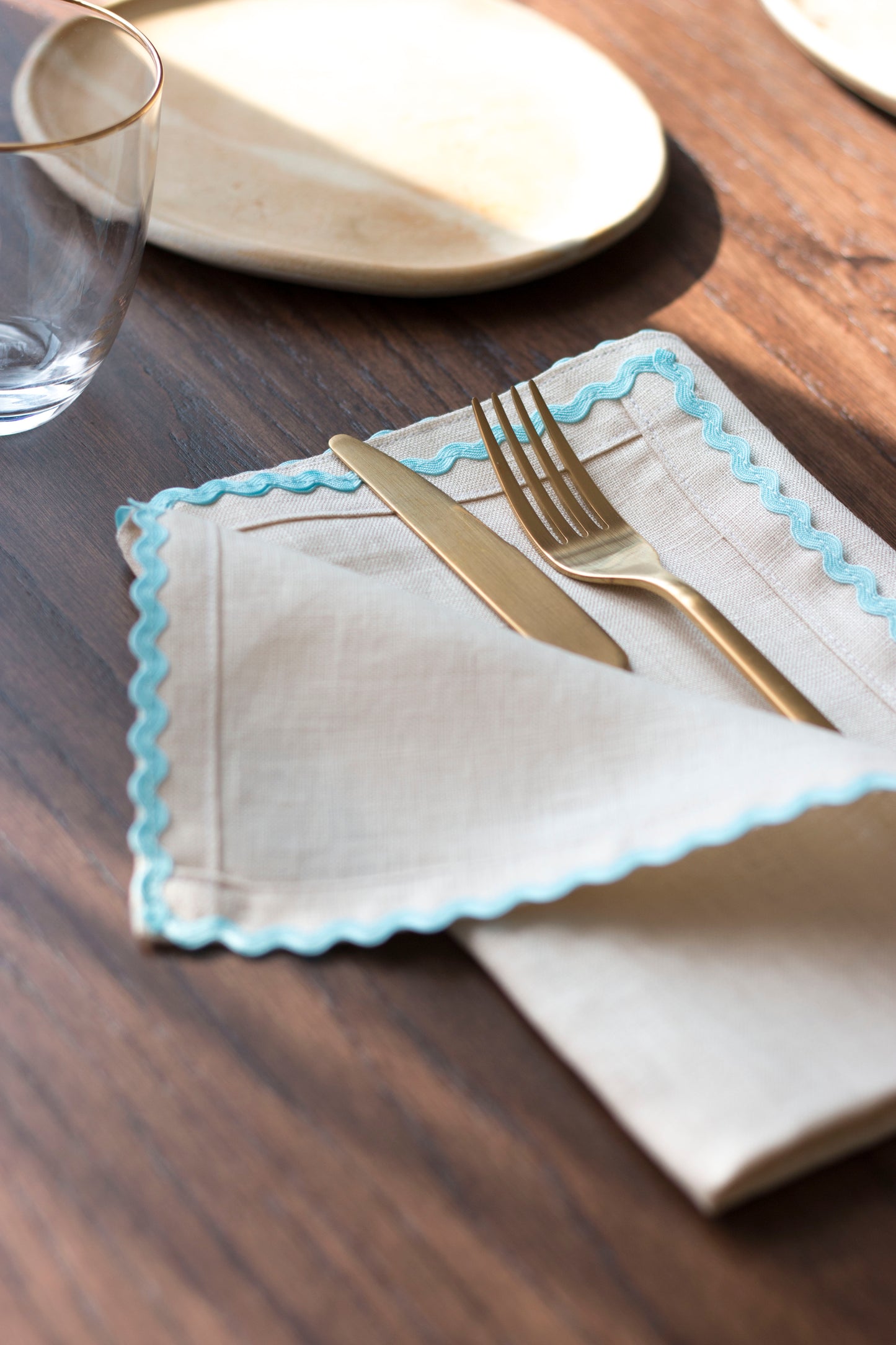Set of 2 Ivory Linen Napkins With Baby Blue Ric Rac Trim