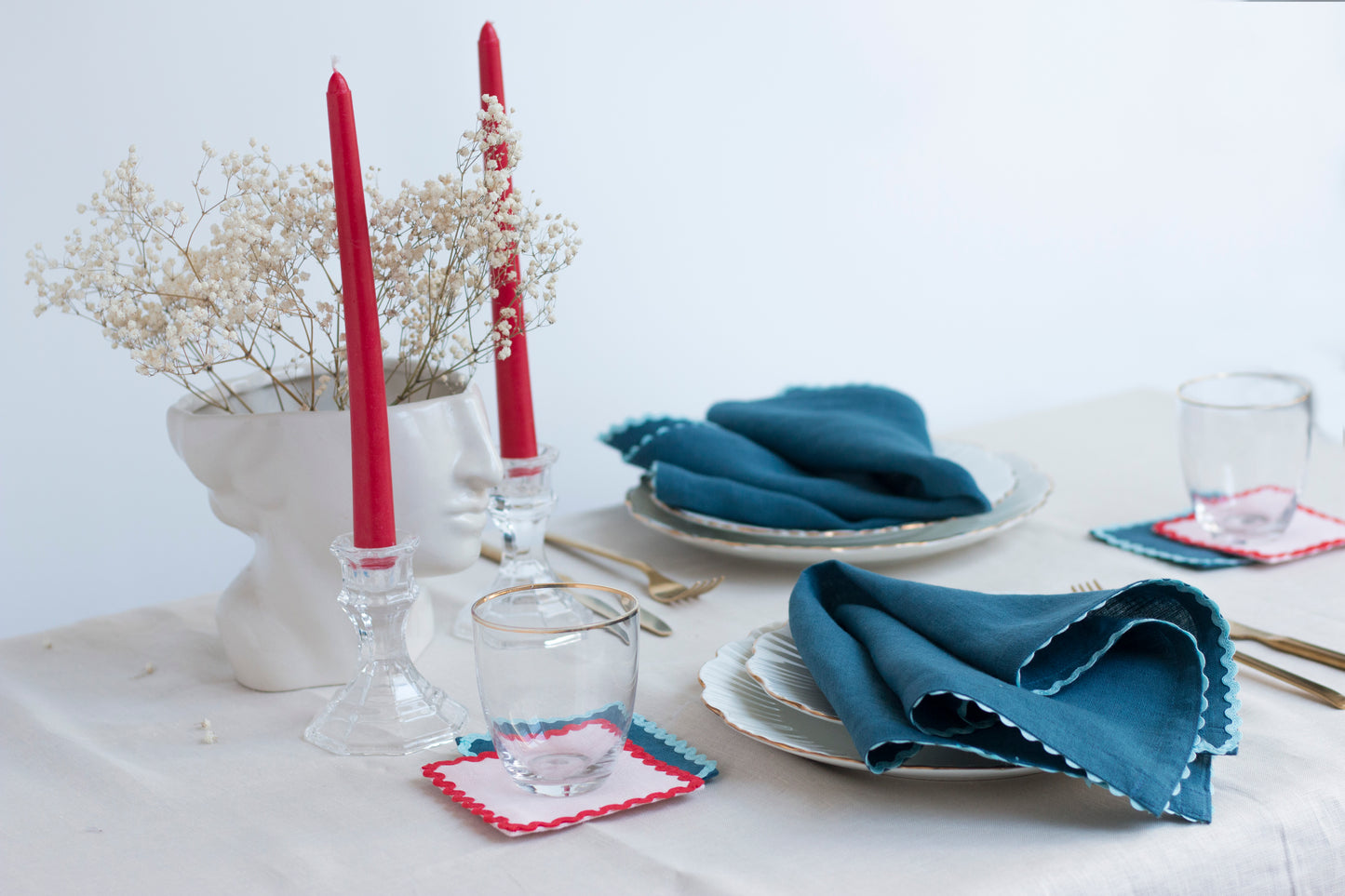 Set of 2 Deep Ocean Linen Napkins With Blue Ric Rac Trim