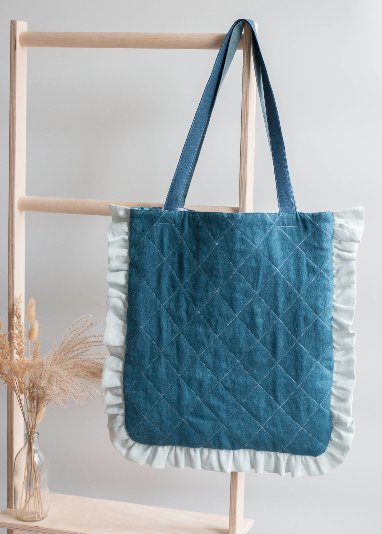 Deep Blue Linen Quilted Tote Bag with Sky Blue Ruffles