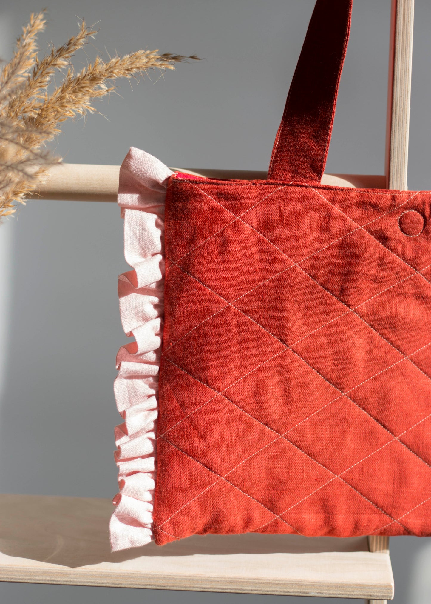 Red Linen Quilted Tote Bag with Pink Ruffles