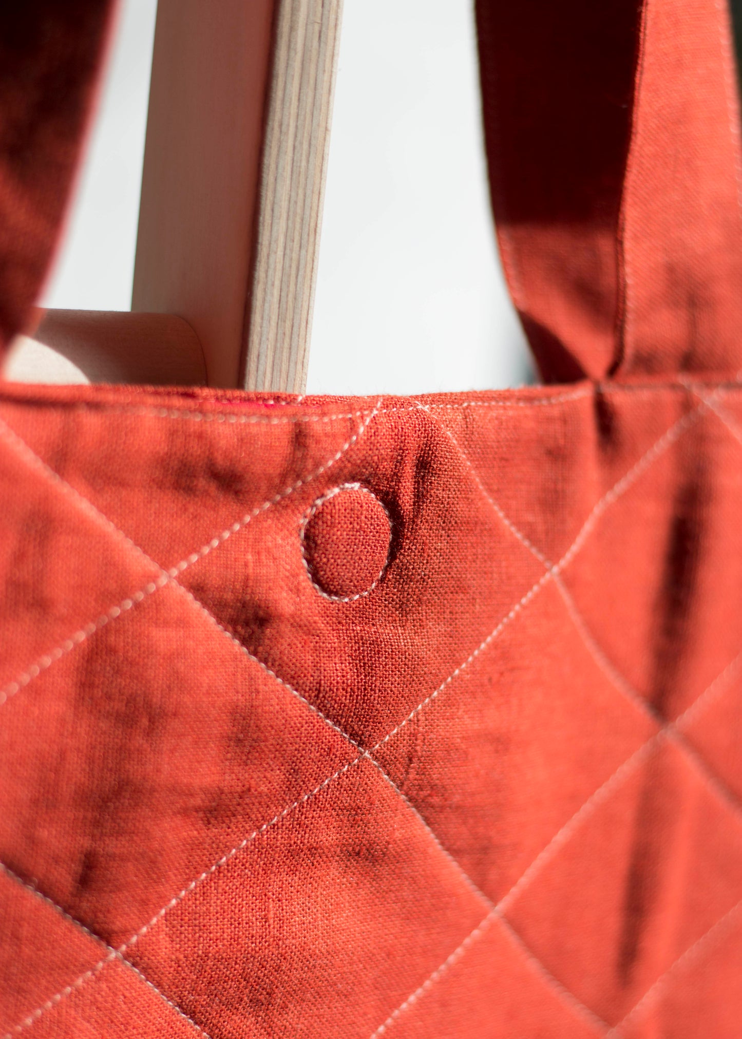 Red Linen Quilted Tote Bag with Pink Ruffles