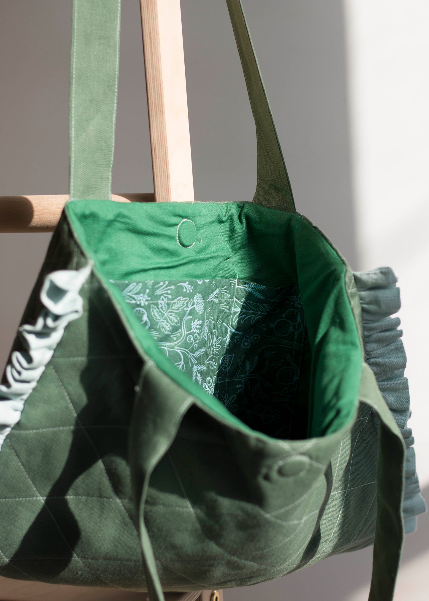 Emerald Green Linen Quilted Tote Bag with Blue Ruffles