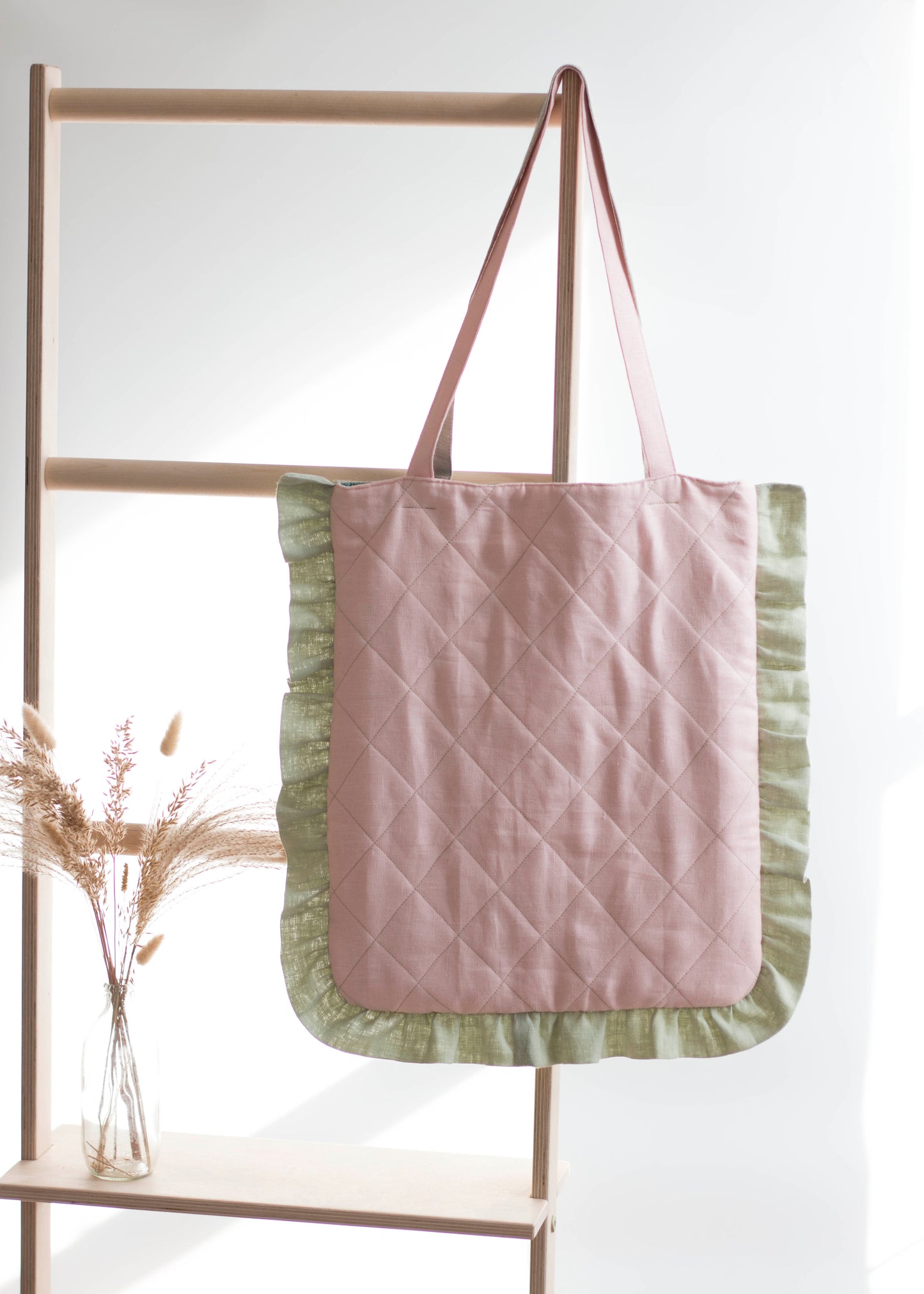 Baby Pink Linen Quilted Tote Bag with Green Blue Ruffles