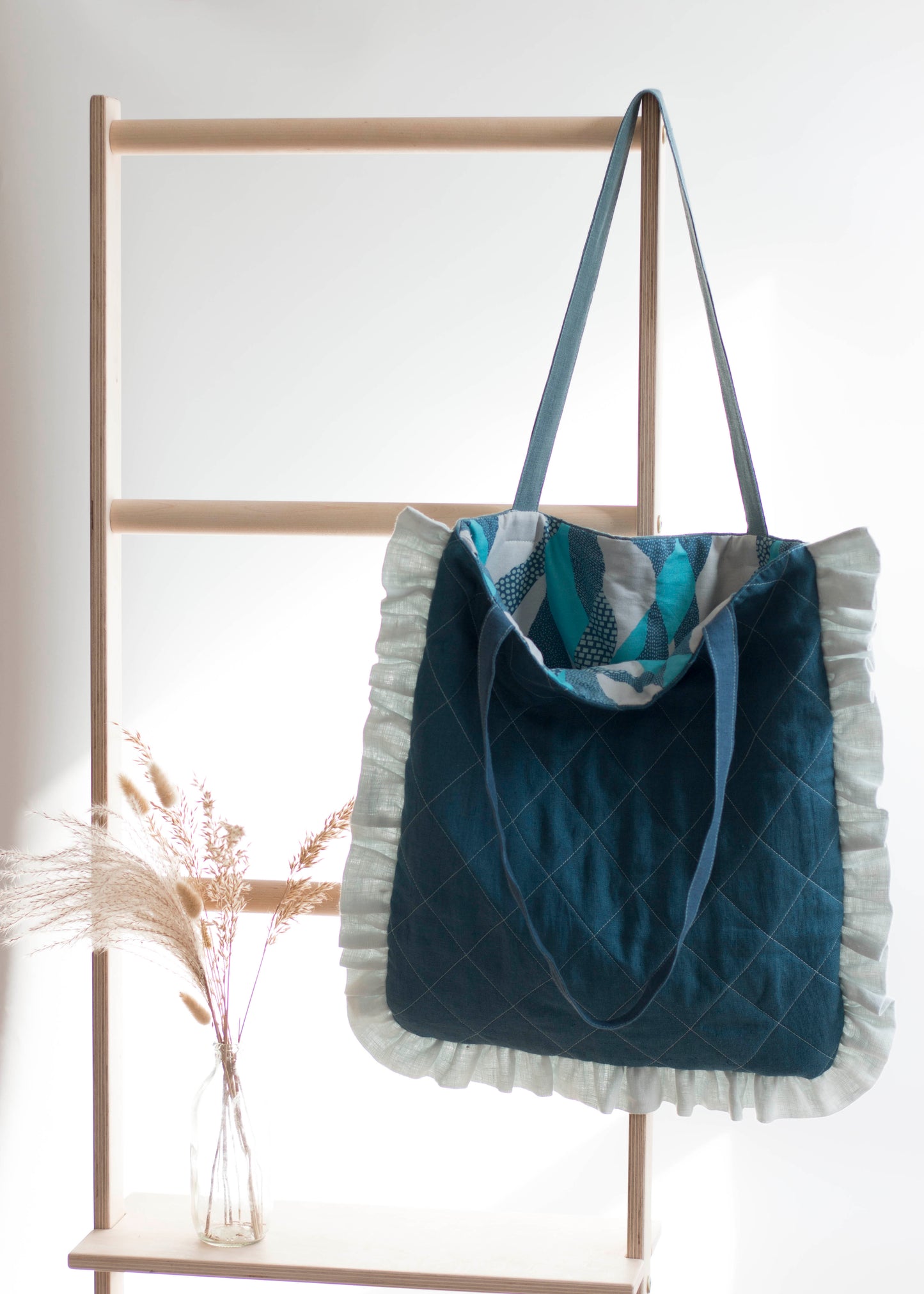 Deep Blue Linen Quilted Tote Bag with Sky Blue Ruffles