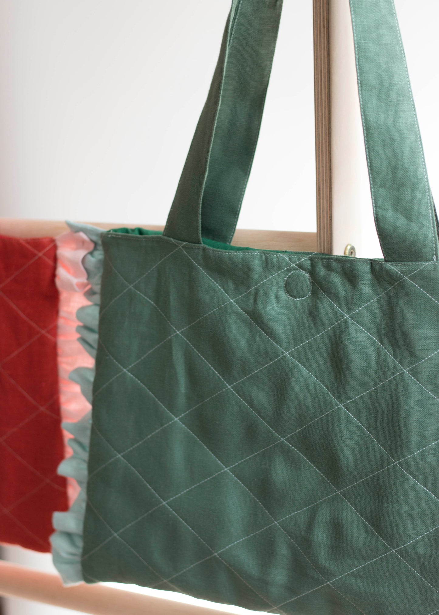 Emerald Green Linen Quilted Tote Bag with Blue Ruffles