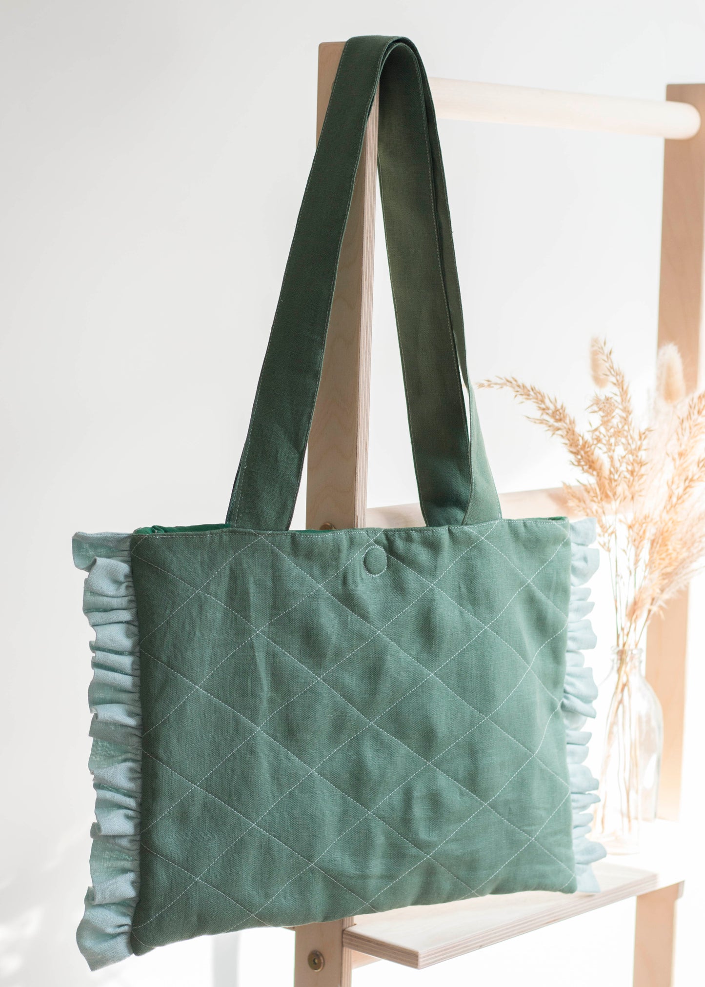 Emerald Green Linen Quilted Tote Bag with Blue Ruffles