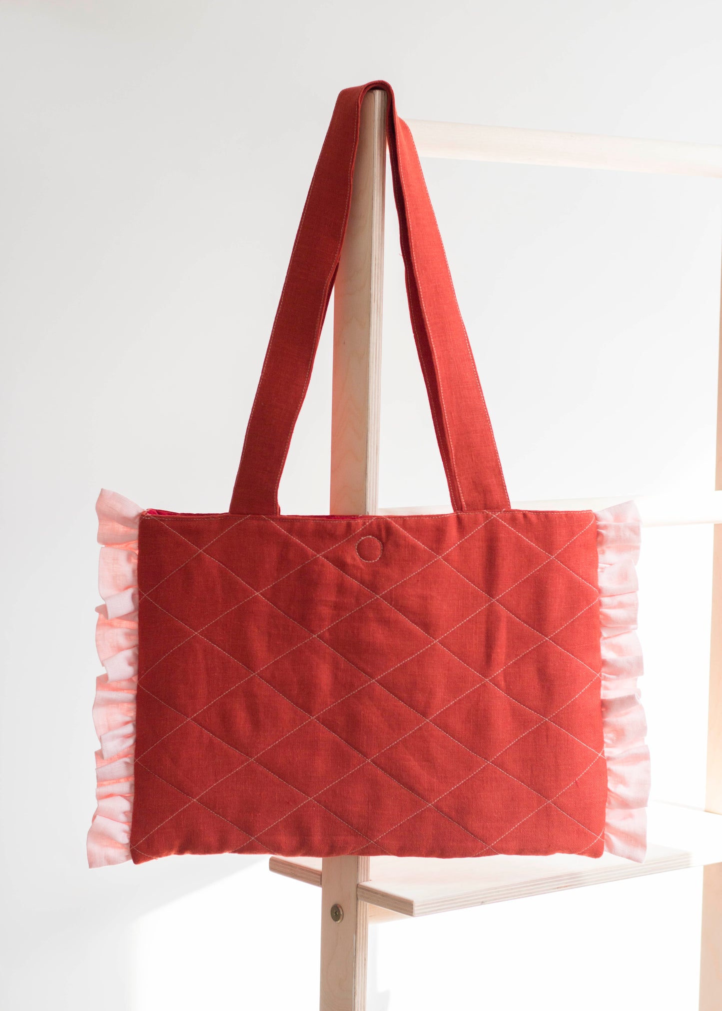 Red Linen Quilted Tote Bag with Pink Ruffles