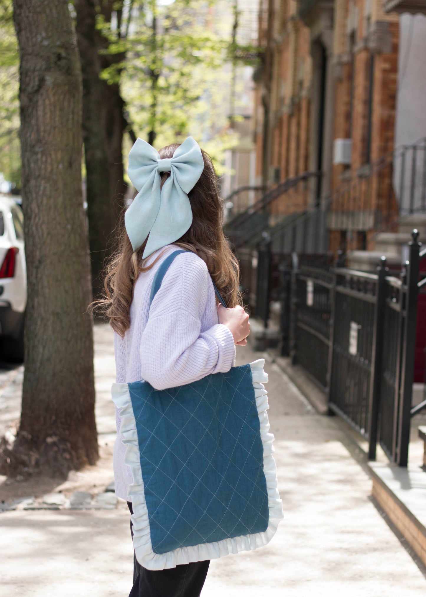 Linen Hair Bow barrette (Dusty blue)