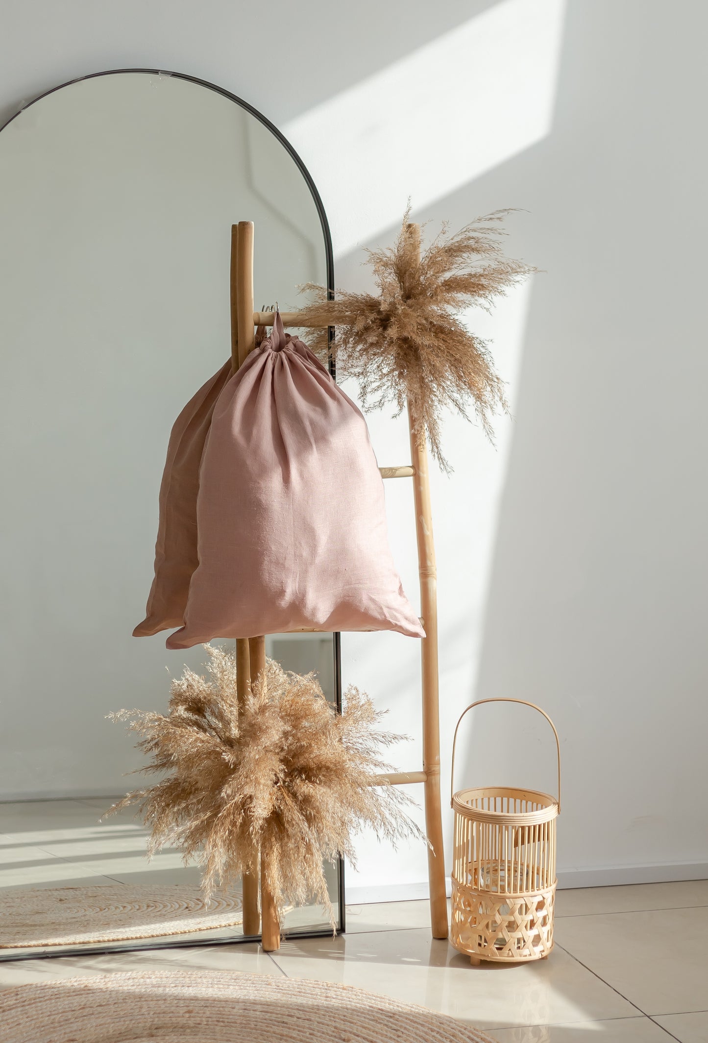 Dusty Pink Linen laundry bag with drawstring closure