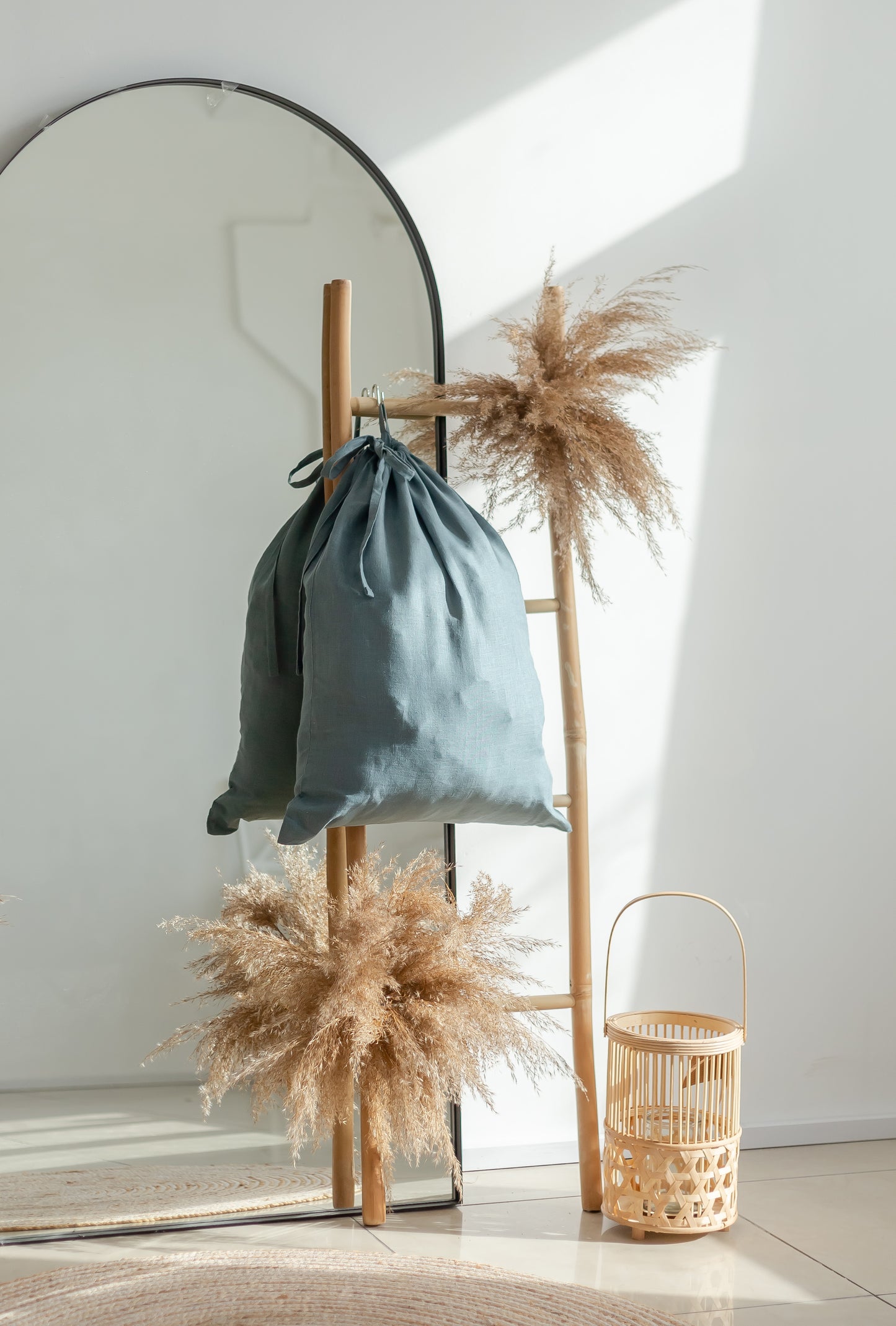 Blue Grey Linen laundry bag with drawstring closure