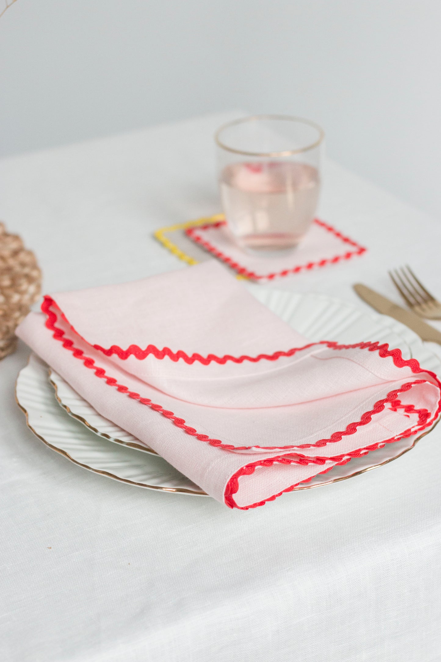 Set of 2 Pink Linen Napkins With Red Rick-Rack Trim