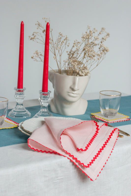Set of 2 Pink Linen Napkins With Red Ric Rac Trim