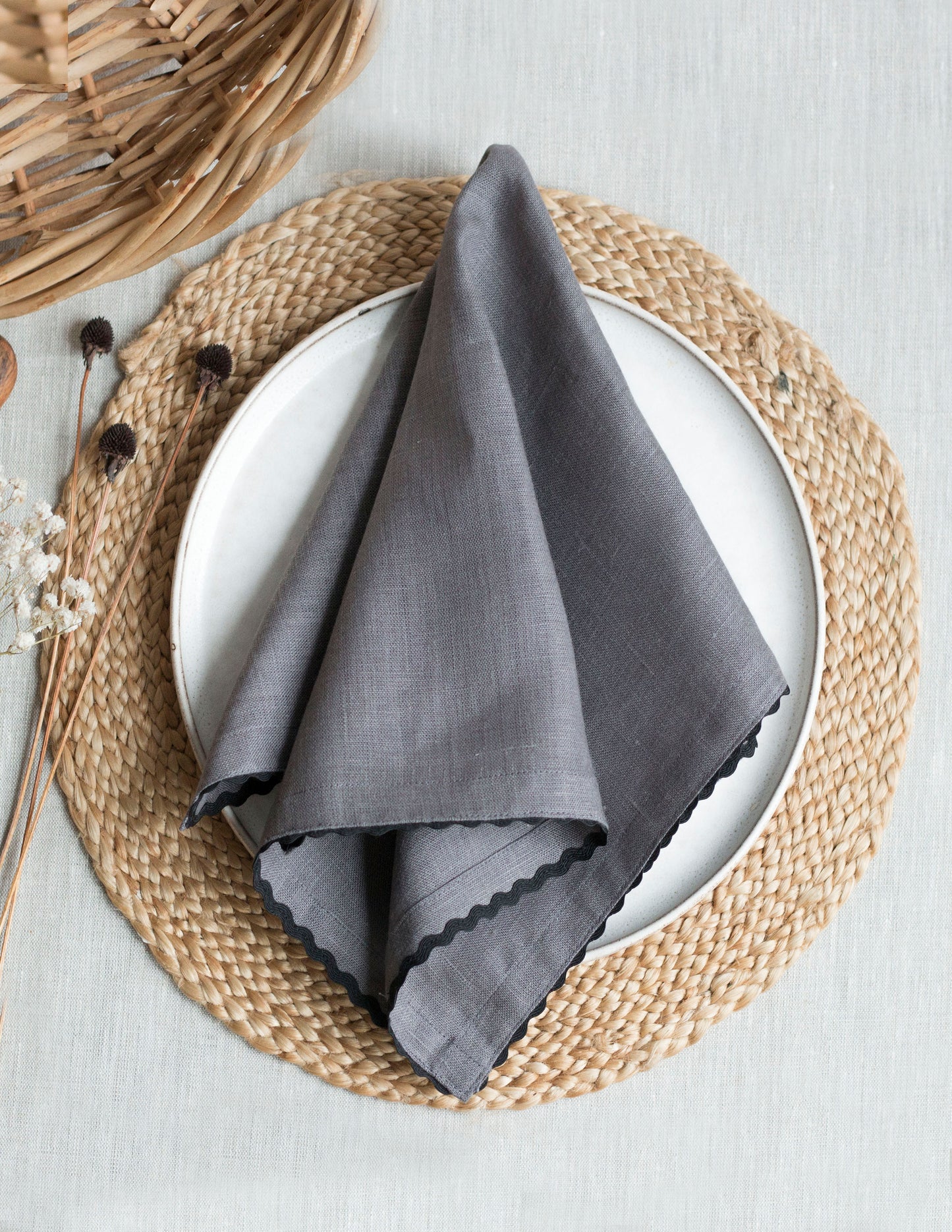 Set of 2 Charcoal Gray Linen Napkins With Black Rick-Rack Trim