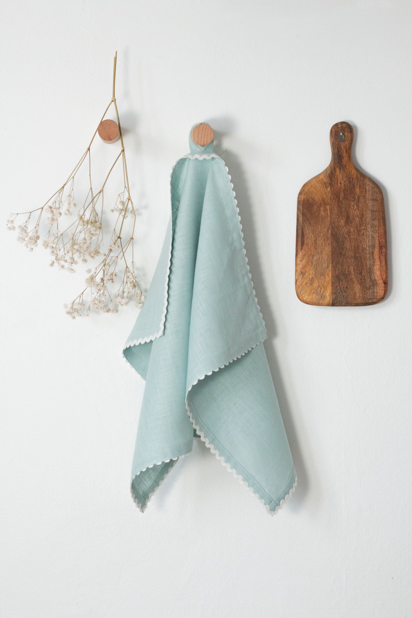 Dusty Blue Linen Kitchen Towel With White Rick-Rack Trim