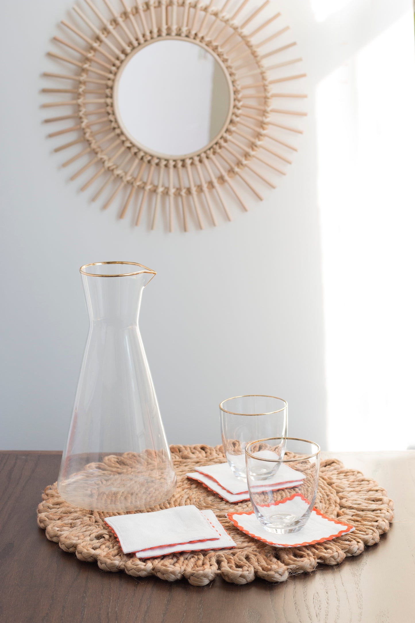 White Linen Coasters With Orange Rick Rack Trim