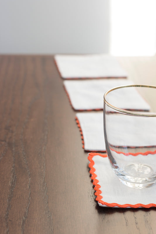 White Linen Coasters With Orange Rick Rack Trim