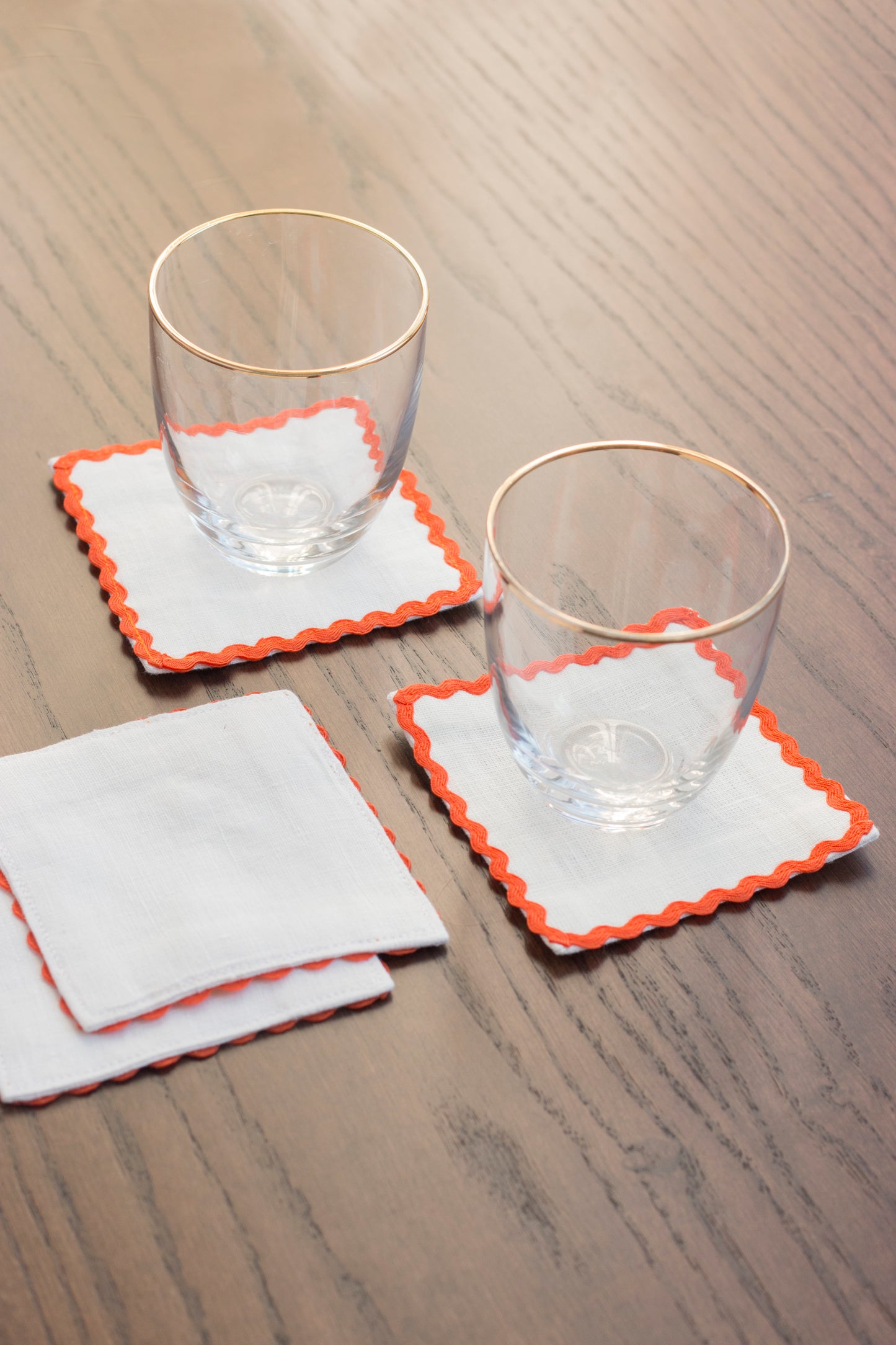 White Linen Coasters With Orange Rick Rack Trim