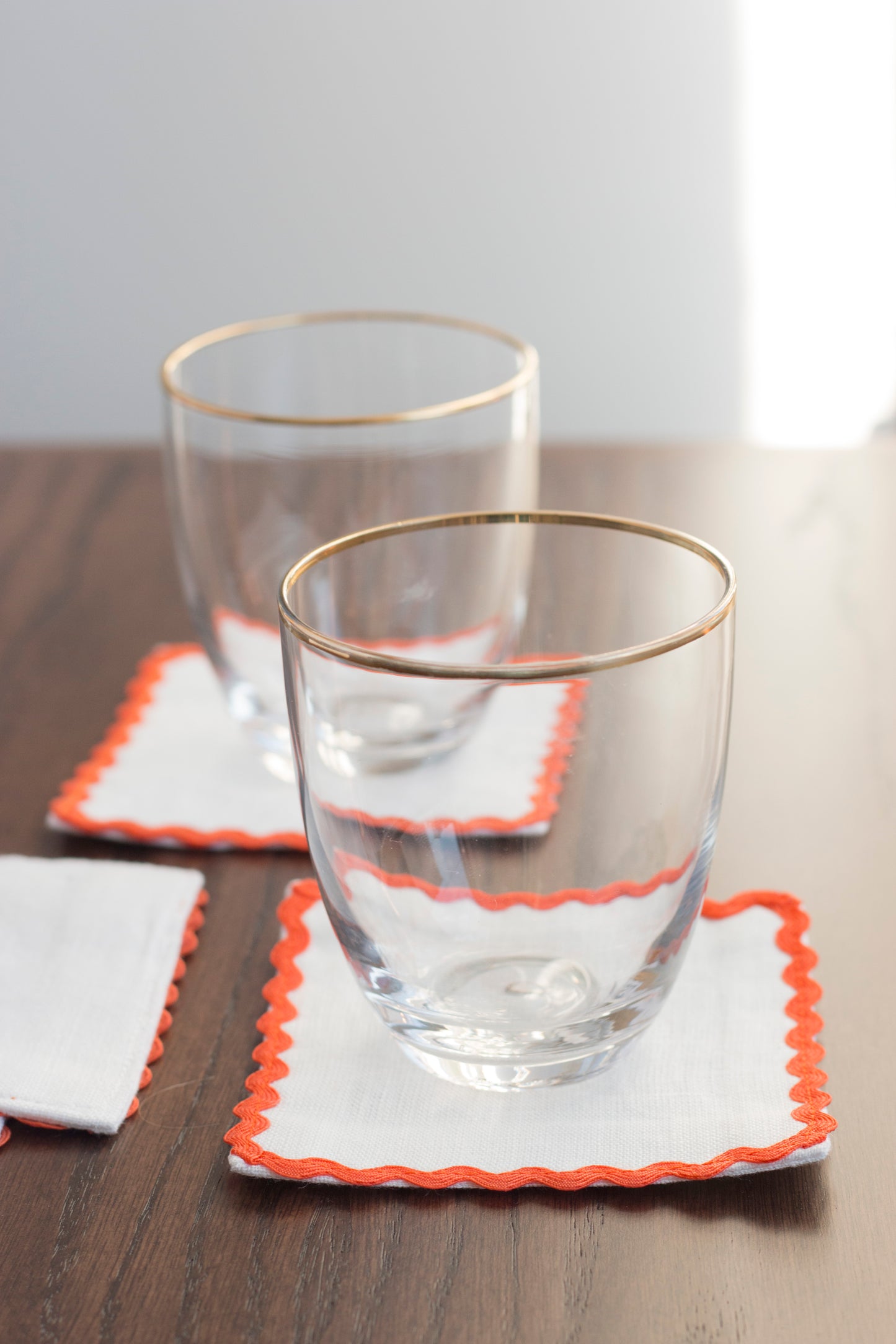 White Linen Coasters With Orange Rick Rack Trim