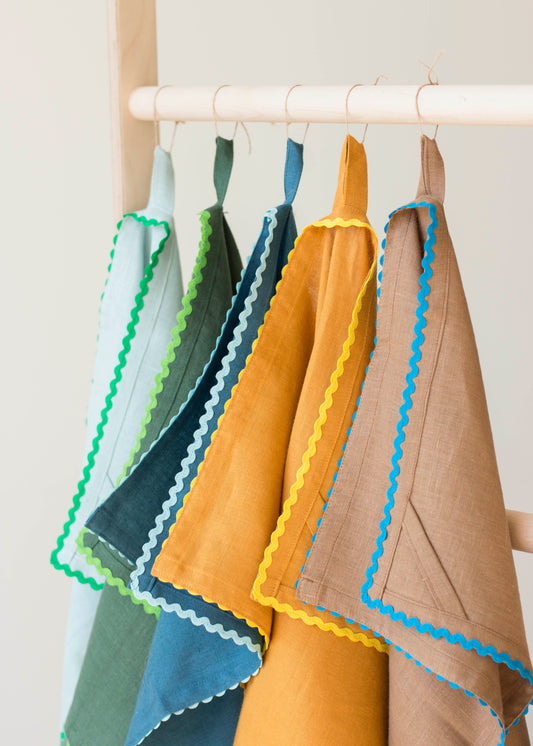 Yellow Ochre Linen Kitchen Towel With Yellow Ric Rac Trim