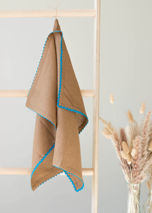 Caramel Brown Linen Kitchen Towel With Blue Ric Rac Trim