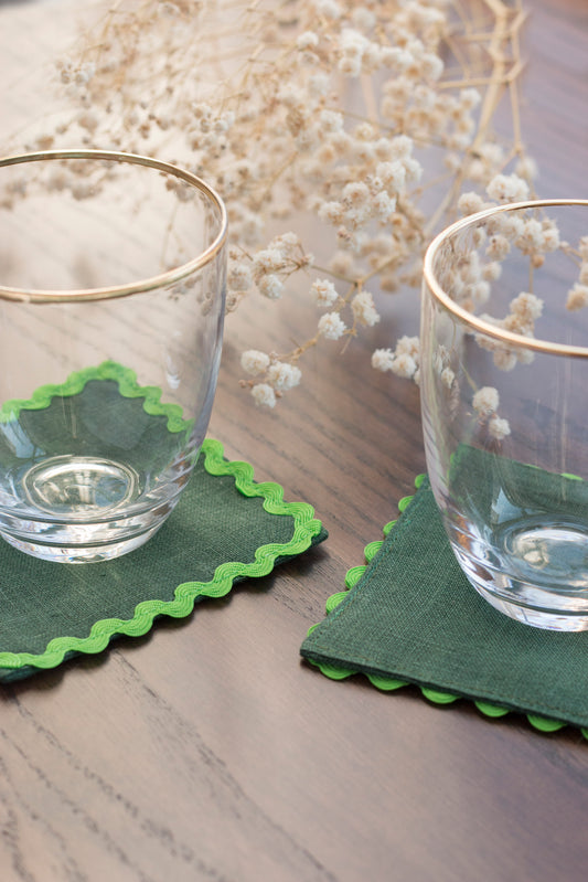 Emerald Green Linen Coasters with Green Ric Rac Trim