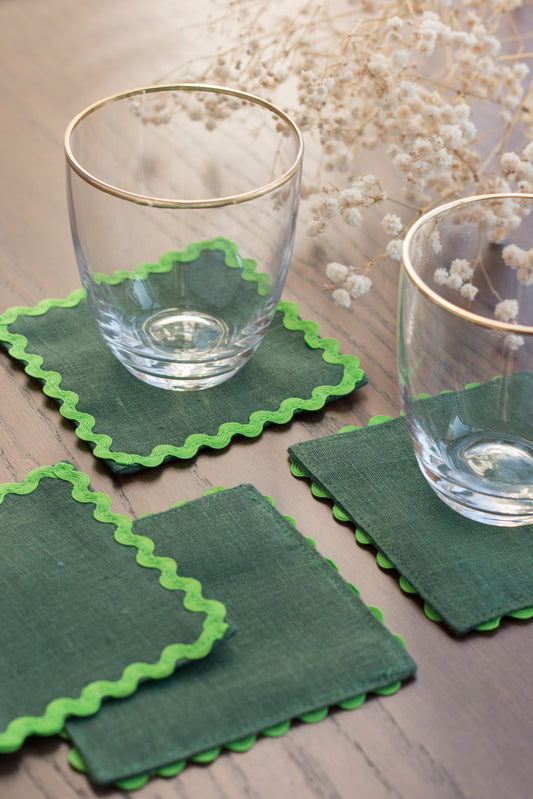 Emerald Green Linen Coasters with Green Ric Rac Trim