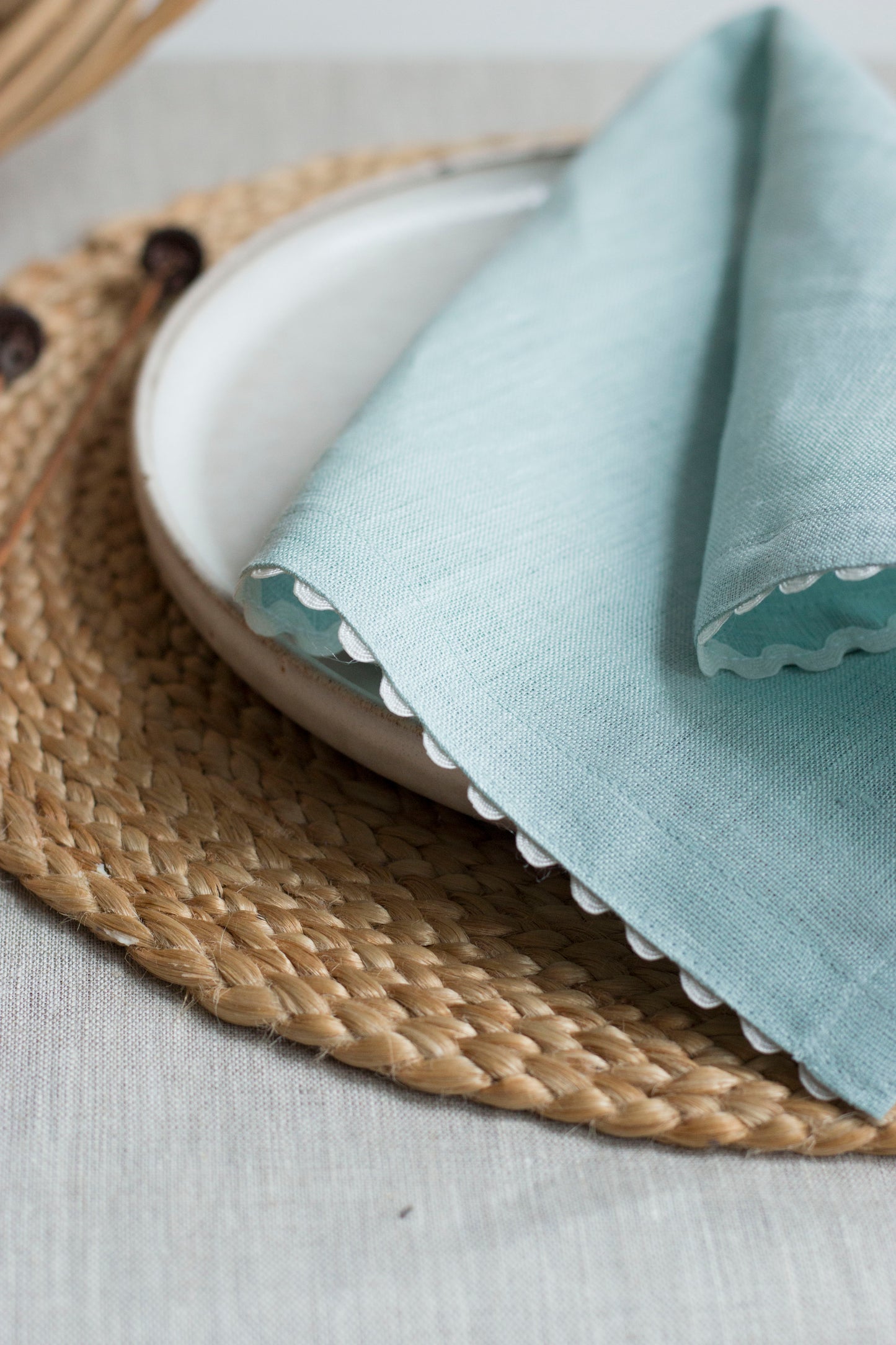 Set of 2 Blue  Linen Napkins With White Rick-Rack Trim