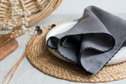 Set of 2 Charcoal Gray Linen Napkins With Black Rick-Rack Trim