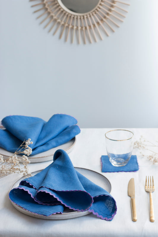 Copy of Set of 2 Caramel Brown Linen Napkins With Royal Blue Rick-Rack Trim