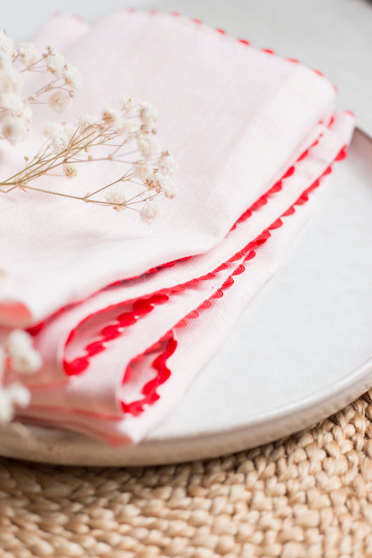 Pink Linen Kitchen Towel With Red Rick-Rack Trim