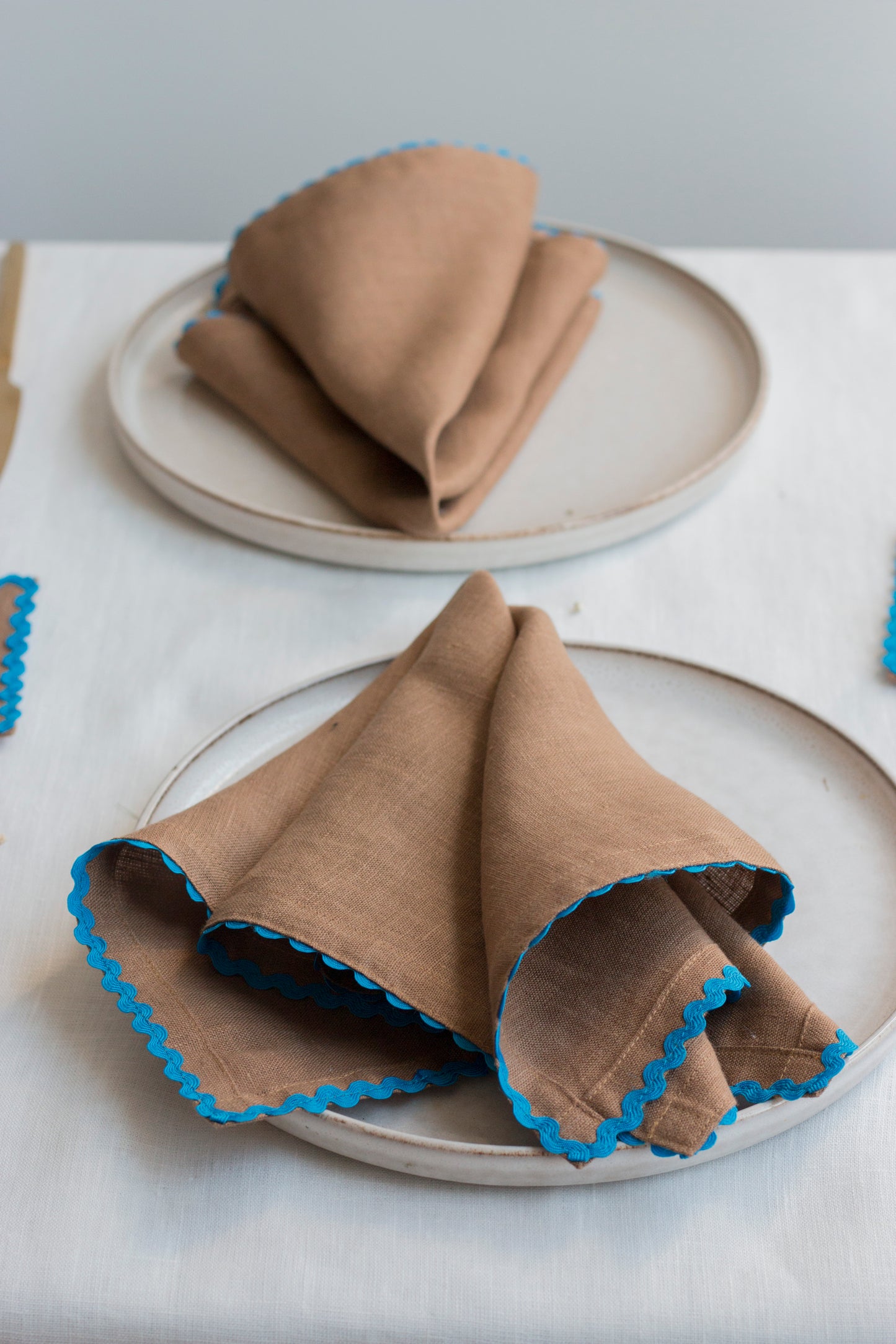 Set of 2 Caramel Brown Linen Napkins With Royal Blue Rick-Rack Trim