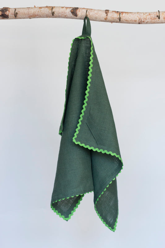 Emerald Green Linen Kitchen Towel With Green Rick-Rack Trim