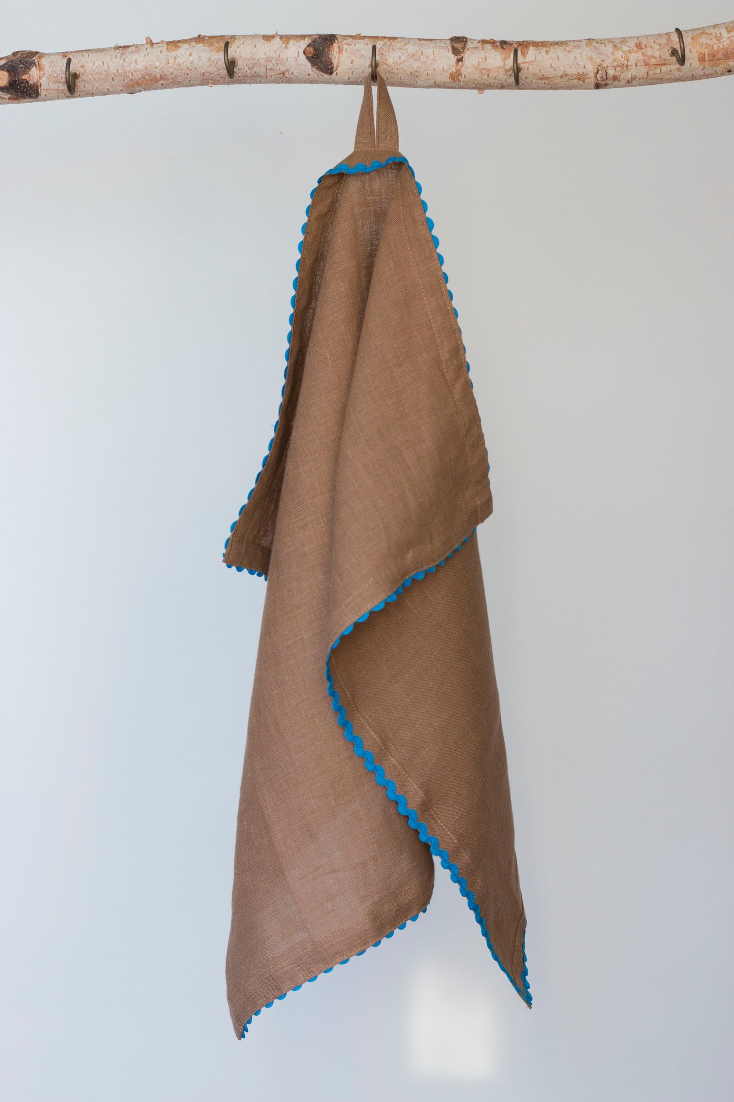 Caramel Brown Linen Kitchen Towel With Royal Blue Rick-Rack Trim