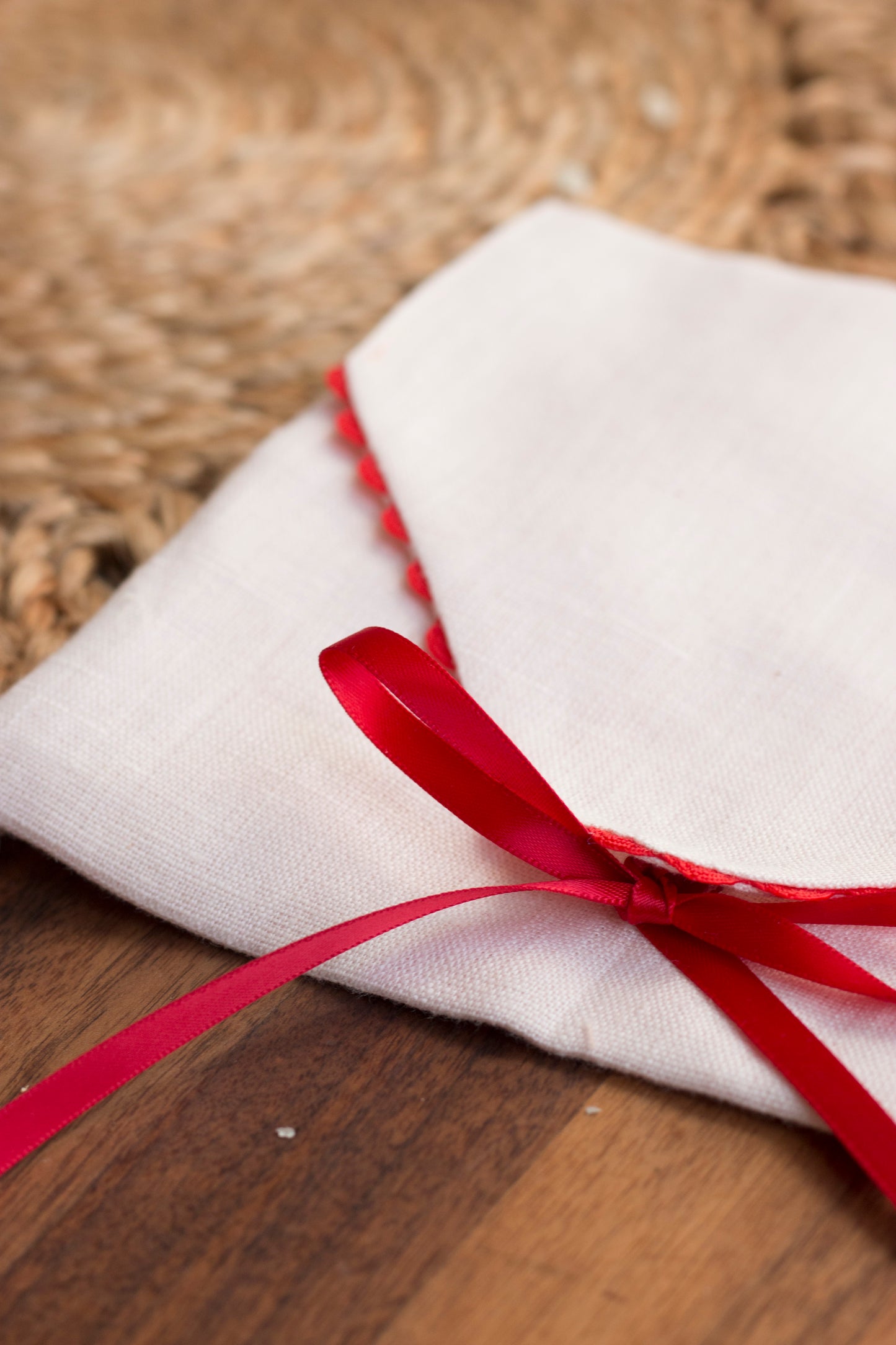 Pink linen envelope with red trim for Gifting