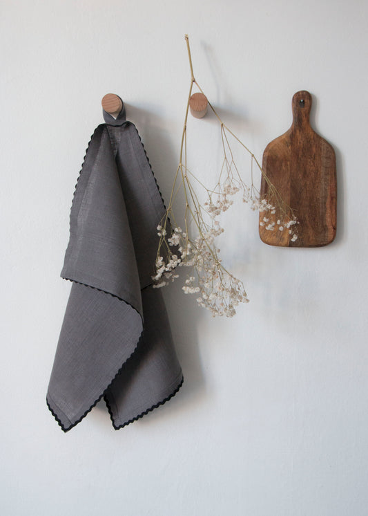 Charcoal Gray Linen Kitchen Towel With Black Rick-Rack Trim