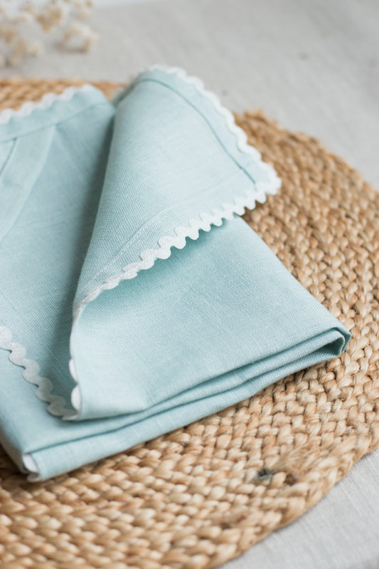 Set of 2 Blue  Linen Napkins With White Rick-Rack Trim