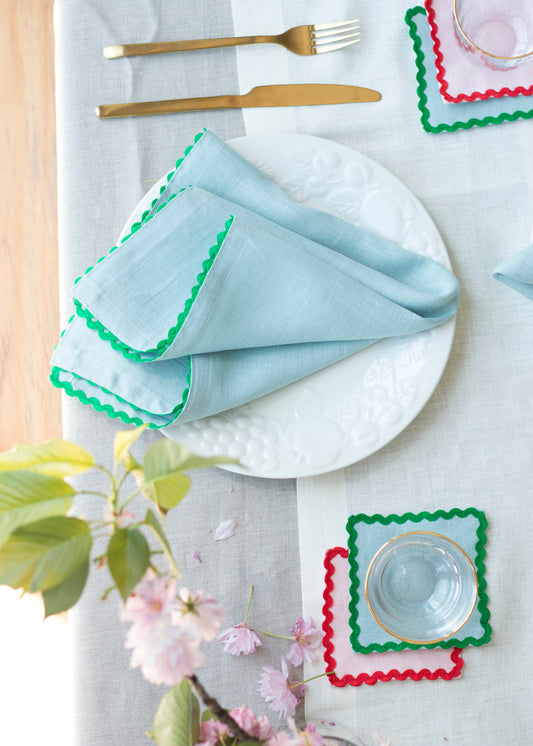 Set of 2 Dusty Blue  Linen Napkins With Green Ric Rac Trim