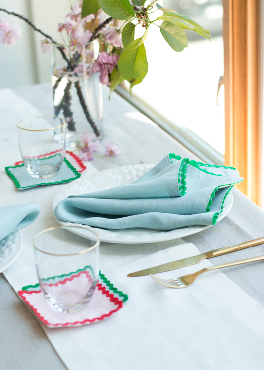 Set of 2 Dusty Blue  Linen Napkins With Green Ric Rac Trim