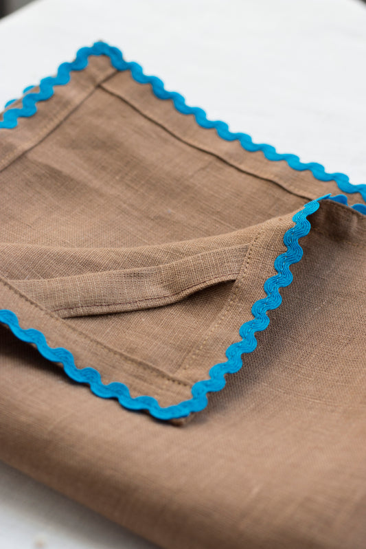 Caramel Brown Linen Kitchen Towel With Royal Blue Rick-Rack Trim